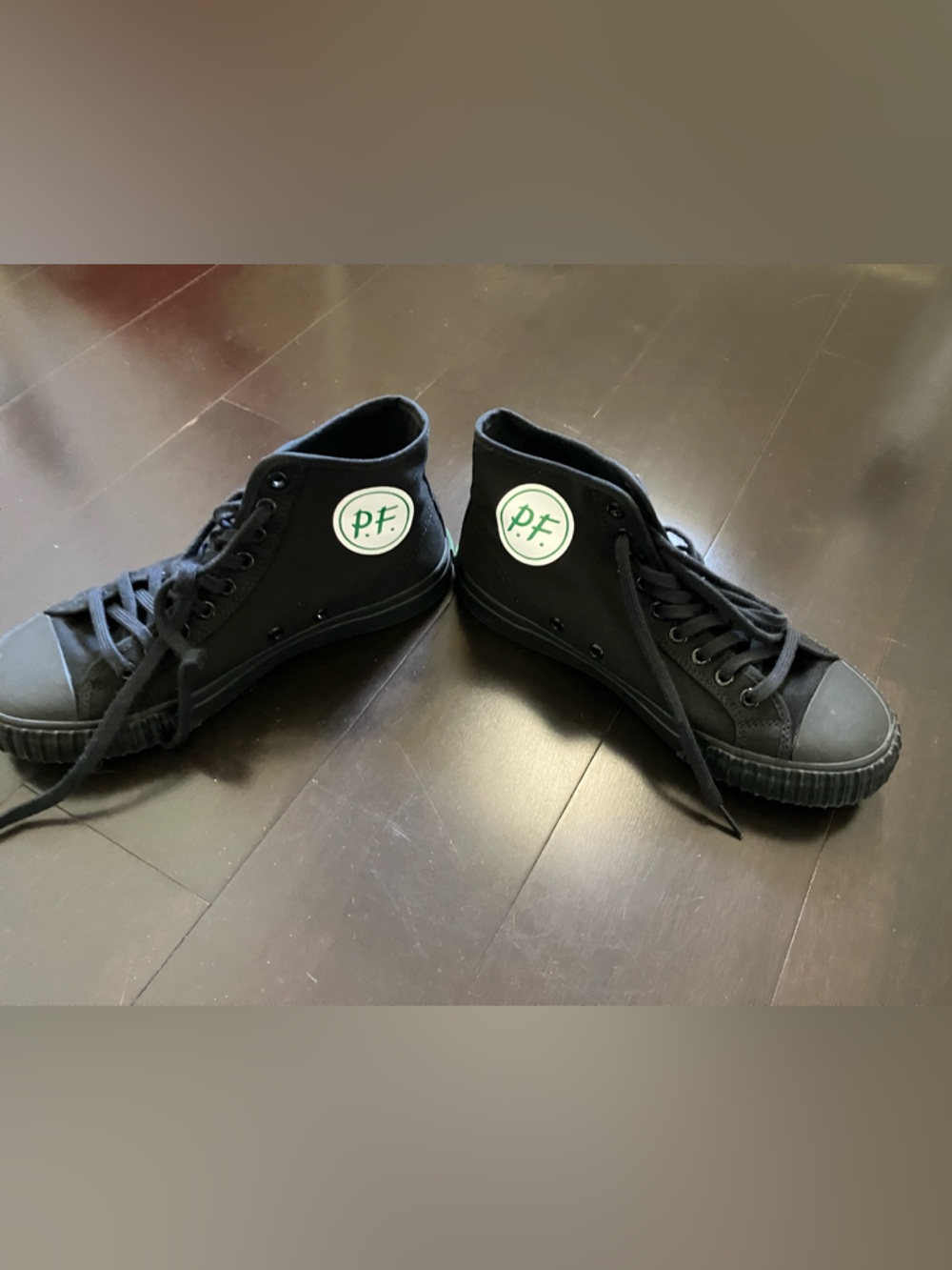 P.F. Flyers Mens 7.5 Black High-Top Sneakers with Green Logo
